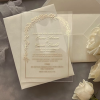 Cartes d'invitation transparentes de luxe pour champagne avec arche florale dorée, suite de cartes de vœux de mariage en ivoire premium avec boîte