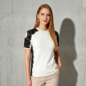 Casual Soft Textured Women Knitwear Blouse Chic Lace Trim O-Neck Short Sleeve Knitted T-Shirt Lady Elegant Summer <b>Tops</b> - Product Image 1