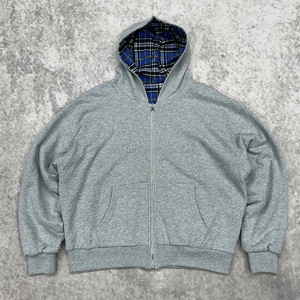 ผู้ผลิตเสื้อฮู้ดดี้แบบมีซิปสั่งทำพิเศษ หนัก 500 กรัม ปักลาย ซิปหน้า ผ้าฝ้าย ลายสก็อตแบบกลับด้านได้ เสื้อฮู้ดดี้แบบซิปสำหรับทุกเพศ - Product Image 2