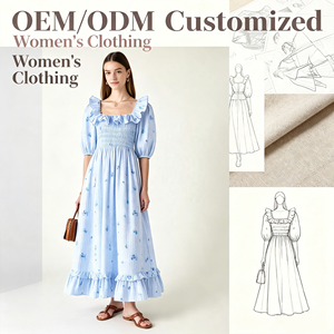 Abito Midi Personalizzato OEM da Donna, Blu Chiaro a Quadretti Floreali, Collo Quadrato, Maniche a Sbuffo, Corpetto Smock, Orlo con Volant, per Resort Estivi - Product Image 1