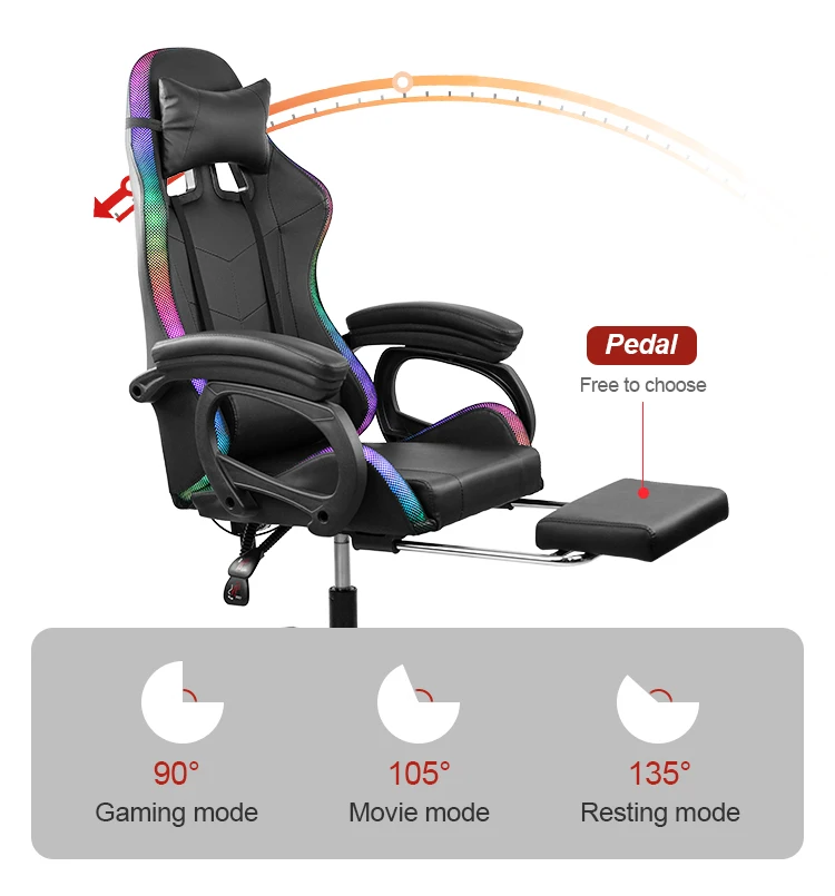 2022 Customized Black Leather With Light Gamer Led RGB Gaming Chair