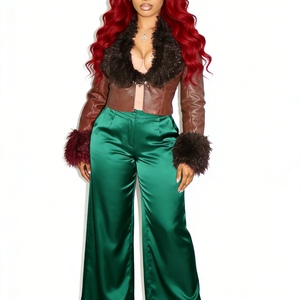 Women's Fleece-<b>Lined</b> V-Neck Snap-Front Cardigan Short-Length Waist-Defining PU Leather Top Fashion - Product Image 5