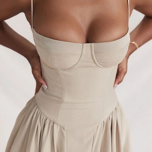 Wholesale Customize High Quality Womens French <b>Romantic</b> Soft Halter Shape Natural High Waist Ruched A-line <b>Dress</b> - Product Image 2