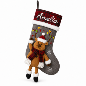 Chaussette de Noël brodée en 3D avec motif <span class=keywords><strong>renne</strong></span>, personnalisable avec nom, vente en gros par petites quantités, fournisseur POD - Product Image 1