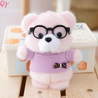 Porte-clés ours en peluche avec lunettes et nœud mignon QQ, vente en gros, mini jouet animal en fourrure douce dessin