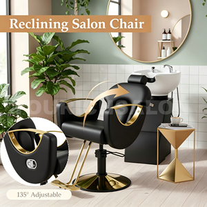Sillas de Estilismo de Salón Vintage en Negro y Dorado con Bomba Grande Silla de Belleza para Mujer Sillón de Barbero Totalmente Reclinable - Product Image 2