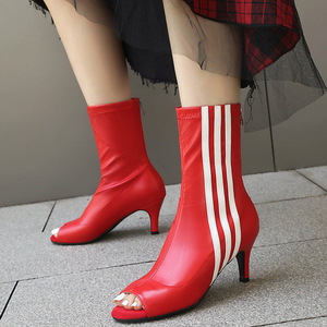 Bottes courtes sexy pour femme à rayures blanches, grande taille 46, sandales d'été en daim à bout ouvert, bottines montantes à talon aiguille - Product Image 4