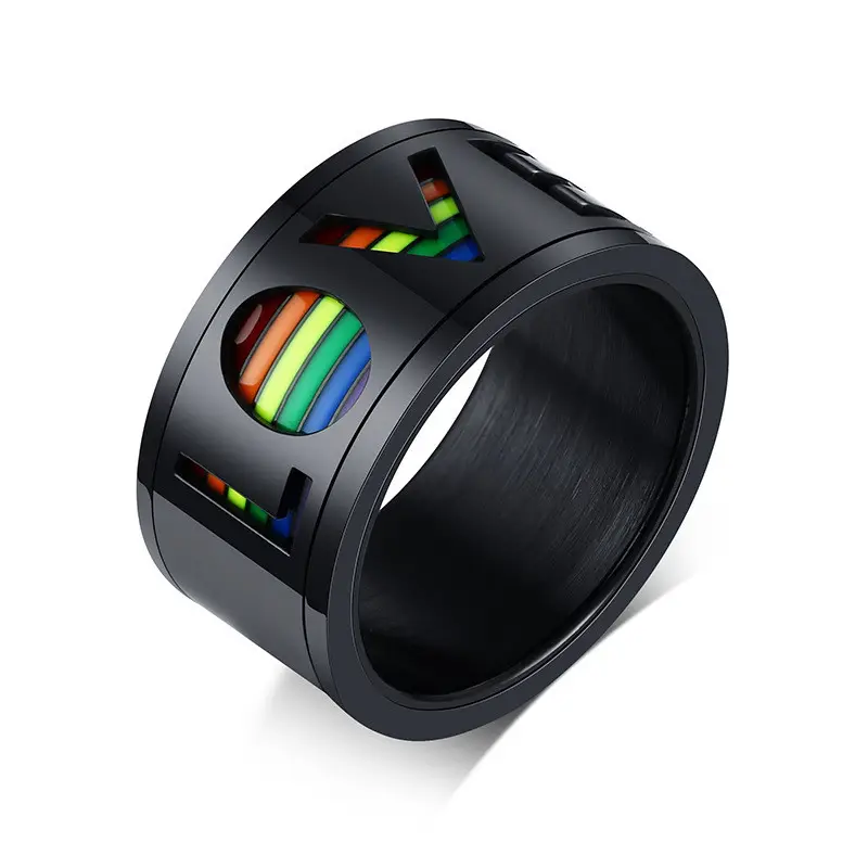 Anel de aço inoxidável esmaltado largo robusto para casamento, 10 mm, amor arco-íris, LGBT, girador para aliviar a ansiedade