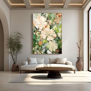 Pintura al Óleo Abstracta Minimalista con Flores, Arte en Lienzo Enmarcado Hecho a Mano para Decoración de Hogares Costeros y Hoteles - Product Image 1