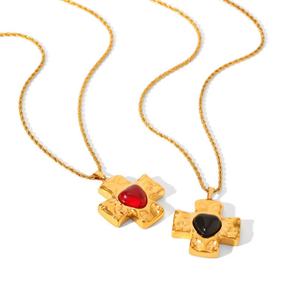 Collar de cruz grueso de lujo vintage de acero inoxidable con baño de oro de 14k, que no se deslustra, con corazón de piedra natural, para mujer y hombre - Product Image 2