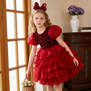 Girls <b>Sequined</b> Tutu Dress Cap Sleeve <b>Red</b> Princess Birthday Party Dress With Headband - Product Image 1