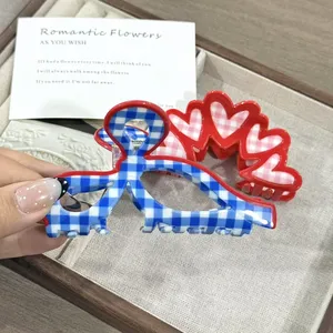 YJL NOVO Prendedor de Cabelo em Cor Creme Estilo Rústico Design em Xadrez Vermelho e Azul Prendedores de Cabelo em Acrílico Acessórios para Mulheres e Meninas - Product Image 2