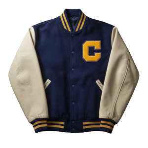 Blouson universitaire brodé personnalisé pour homme, bleu marine et crème, collection 2026 – Vente en gros - Product Image 1