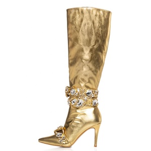Big Diamonds Embellished Side Zipper Women's Knee High Boots Pointed Toe Cross Straps Long <b>Booties</b> Gold Stiletto Heels - Product Image 5