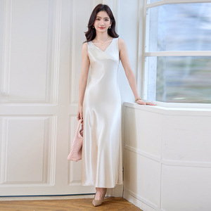 V-Neck Sleeveless Satin Dress A-Line Fitted Waist Long Evening Gown - Product Image 1