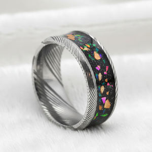 Bague en acier damas 8 mm à vente chaude, plaquée <span class=keywords><strong>noire</strong></span>, incrustation d'<span class=keywords><strong>opale</strong></span> galactique, bijoux, mariage, fiançailles, anniversaires, bague de couple, cadeau - Product Image 3