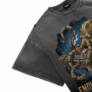 T-shirts respirants pour hommes, style vintage délavé et vieilli, avec impression DTG personnalisée pieuvre steampunk, décontractés, à manches courtes et col rond, vente en gros - Product Image 3