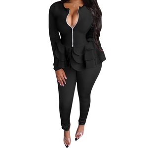 Solid Color Stiff Ruffle Long Sleeve Zipper <b>Top</b> Long Pants Women's Casual 2 Piece Set Fashion - Product Image 2