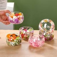 Peralatan Makan Tumbler Dessert Dinding Ganda Buatan Tangan dengan Bunga Kering Asli, Mangkuk Salad Buah Kaca Borosilikat Tinggi Berlapis Ganda Bentuk Bulat