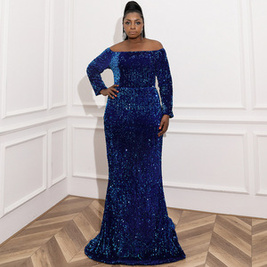 Productos populares al por mayor <span class=keywords><strong>Tallas</strong></span> <span class=keywords><strong>grandes</strong></span> Vestido de noche pequeño con hombros descubiertos para <span class=keywords><strong>mujer</strong></span> con lentejuelas Vestido de talla grande - Product Image 3