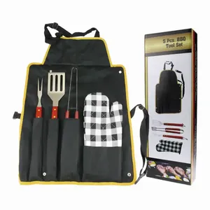 Manico in legno duro in acciaio inox 5 pezzi grembiule BBQ Set pinze spatola forchetta cotone guanto da <span class=keywords><strong>forno</strong></span> e grembiule in Nylon - Product Image 1