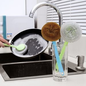 Kitchen Long Handled Pot Scrubber Stainless Steel Wool Ball Dishwashing Brush Large Size Pots And Pans Cleaning Tool - Product Image 1