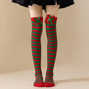 WZ193 Dames Overknee Sokken met Vachtbal voor de Winter, Lange Sokken met Strepen voor Halloween Kerstmis, Europese Stijl - Product Image 2