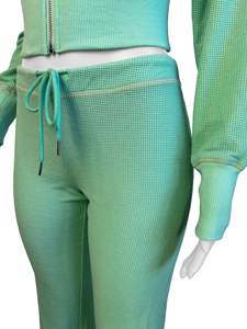 Zip up ceket Flare ter pantolon kadın Waffle termal uzun kollu gömlek özel Loungewear Waffle örgü seti 2 parça Set Sweatsuits - Product Image 3