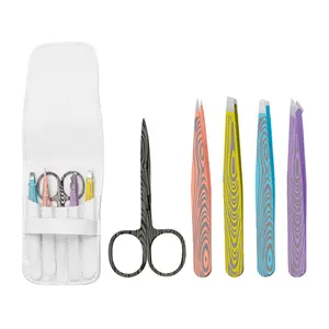 Set gunting alis stainless steel, Pinset alis stainless steel Pop 5/4 buah dengan tas kulit