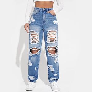 New Design Private Label Wholesale Ladies Hip Hop Straightly Color Wash Denim Long Pants <strong>Ripped</strong> <strong>Jeans</strong> for <strong>Women</strong>