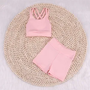 50% de descuento para bordado con correa cruzada, ropa activa para niños, conjunto deportivo de nailon Spandex para niños pequeños, conjunto de Yoga para Fitness para niñas