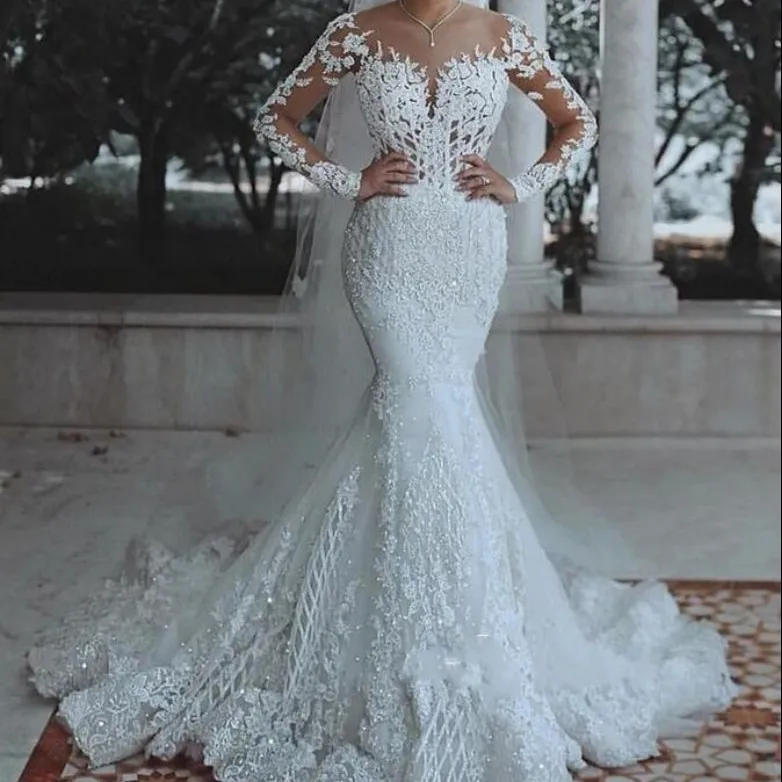 New Sexy Deep V Mermaid Dress Lace Hollow Applique Beaded Bridal Wedding Long Sleeves Mermaid Wedding Dresses
