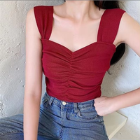 Débardeur plissé sexy et tendance pour femme, col en V respirant, fines bretelles, court, sans manches, cache-cœur, effet amincissant