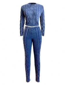 Di alta qualità <span class=keywords><strong>donna</strong></span> vecchio stile lavato maglia maglia a manica lunga 2 Set Vintage Crop Top due pezzi <span class=keywords><strong>tuta</strong></span> - Product Image 6