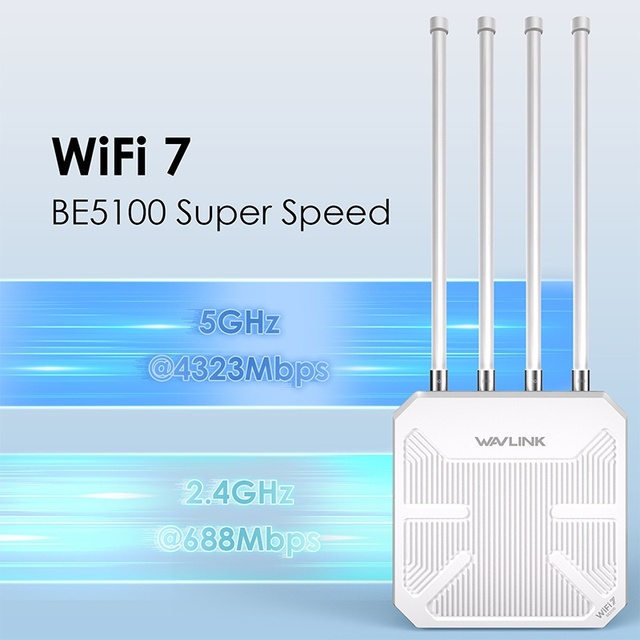 Brand New Wavlink WiFi 7 BE5100 Long Range WiFi Extender Waterproof Outdoor WiFi Booster PoE Mesh Repeater WEP Support 8-LAN