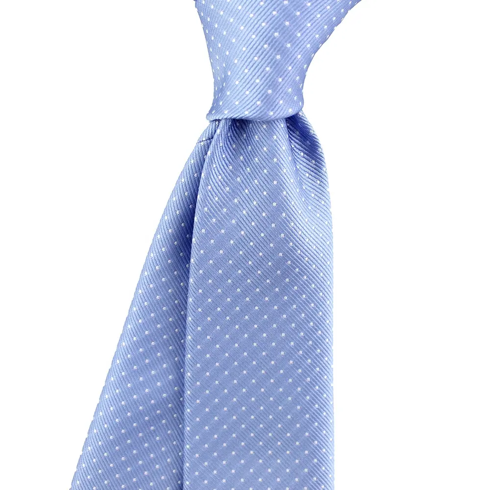 Men Casual Fashion Sky Blue Tie 100% Polyester Woven Handmade Gorgeous Grosgrain Classic White Polka Dot Slim Straight Necktie