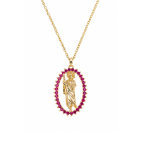 Collar con Colgante Ovalado de San Judas en Tono Dorado Deslumbrante con Piedras Magenta Engastadas en Puntas, Joyería de Moda para Mujer, Regalo