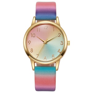 Rainbow Gradient Ladies Quartz Watch Gold <b>Case</b> Leather Strap - Product Image 1