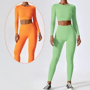 2023 autunno Design 2 pezzi Seamless Gym Wear manica lunga Active Crop Top e Tummy Control Yoga collant abbigliamento Fitness da donna