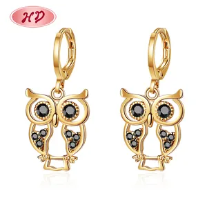 Hd Jewelry 18K Gold Plated Cubic Zirconia Cute Owl Black Drop Earrings For Women
