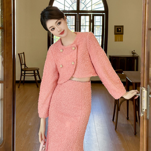 ZYHT 11198 inverno <span class=keywords><strong>abiti</strong></span> due pezzi giacca di <span class=keywords><strong>Tweed</strong></span> donna gonna Set cappotto corto a maniche lunghe e gonna Midi - Product Image 3