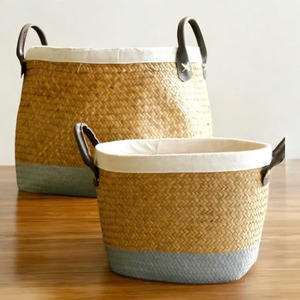 Multiuse Home <b>Storage</b> <b>Basket</b> Set Leather Handle <b>Seagrass</b> Laundry Organizer for Home Use - Product Image 6