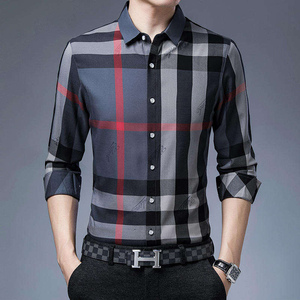 Chemise en coton à carreaux pour homme, manches longues, col rabattu, tissu tricoté, boutonnée, style décontracté - Product Image 4
