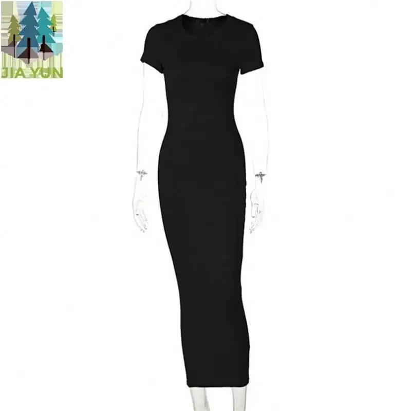Yaz 2021 kadın giyim yeni moda uzun casual elbise düz renk seksi yuvarlak boyun kısa kollu maxi t gömlek elbise