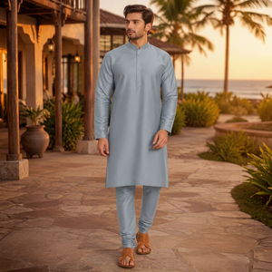 Custom <b>Men</b> Grey <b>Kurta</b> Pajama Set Ethnic Long <b>Kurta</b> Mandarin Collar Wedding Party Outfit Festival Traditional Dress - Product Image 1