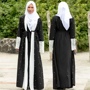 2024 neues design dubai pearl abaya kundenspezifisch schwarz weiß perle offen vorne abaya kleid mit spitzenärmeln islamische kleidung