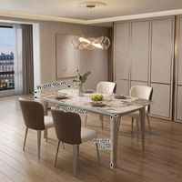 Ensemble table et chaises de salle à manger rectangulaire moderne européen en pierre frittée avec pieds en acier inoxydable, étanche et durable, pour appartement