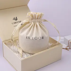 Pochette de bougie en lin de coton à fond rond avec Logo imprimé, sac en coton avec cordon de serrage pour cadeau en mousseline