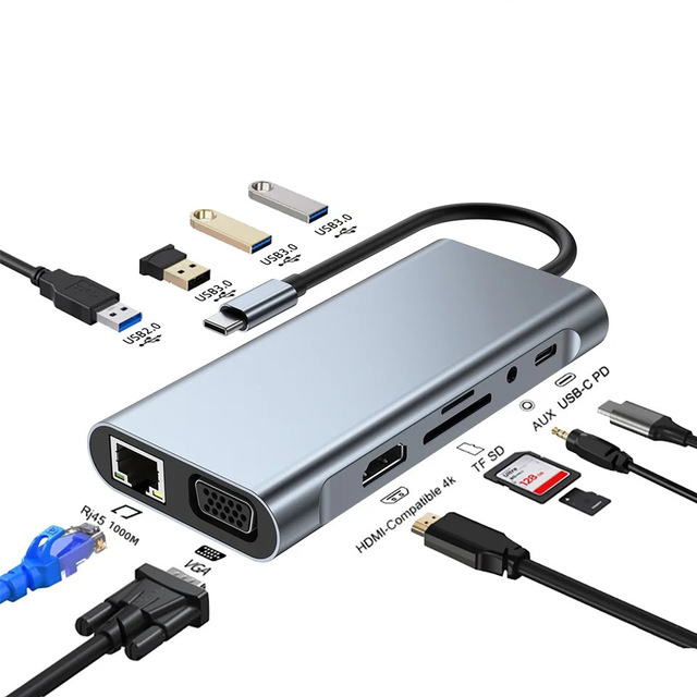 11-in-1 USB C Docking Station Type C Hub HDTV 4K USBb3.0 TF/SD Reader 3.5mm Audio RJ45 PD Charge for Laptop Macbook Tablet Phone