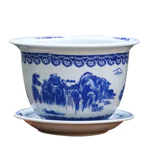 景徳鎮青と白のセラミック植木鉢プランターソーサー付き高温セラミック植木鉢